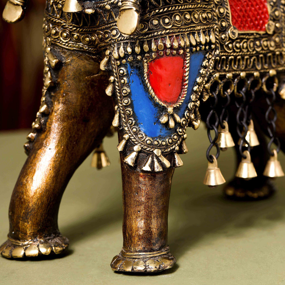 Brass Dhokra Elephant up Trunk Statue with Temple (15.5 Inch)