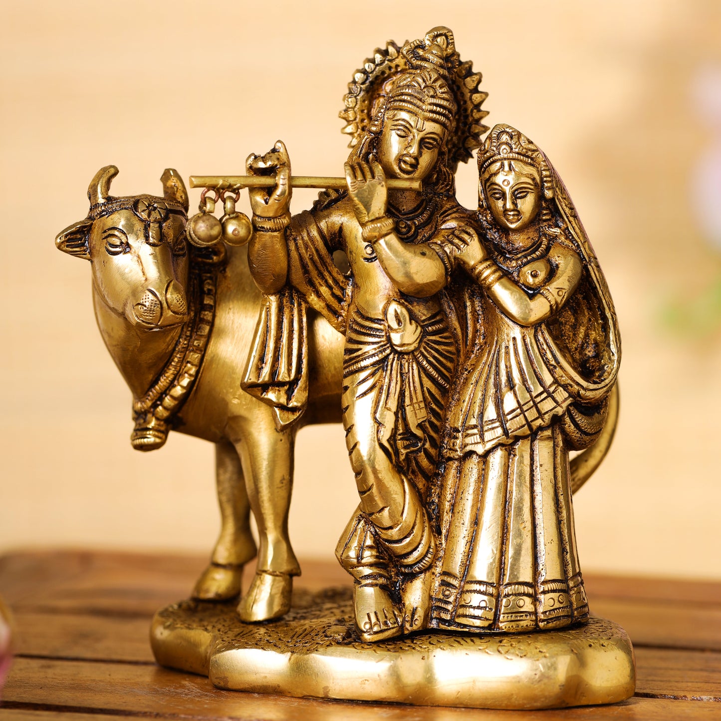Brass Superfine Radha Krishna With Cow Idol (6 Inch)