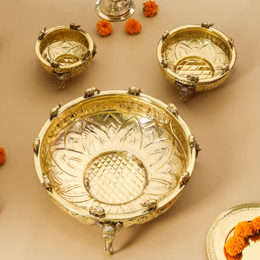 Brass Ganesha And Elephant Carving Urli