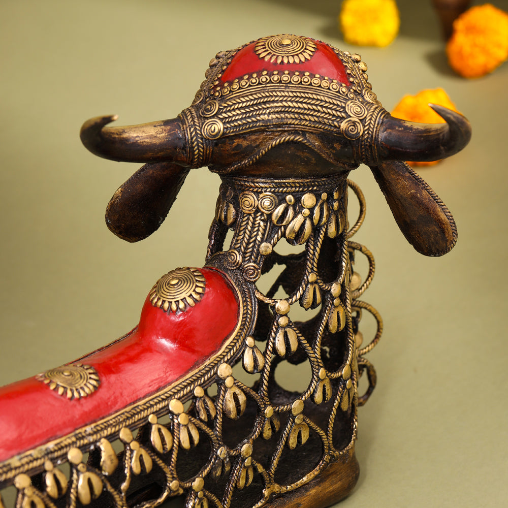 Brass Dhokra Sitting Jali Nandi Idol (10 Inch)