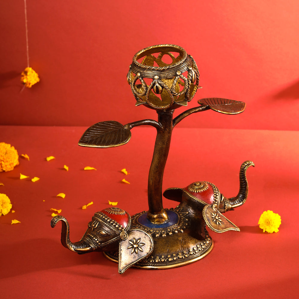 Brass Dhokra Elephant Lotus Candle Holder (11 Inch)