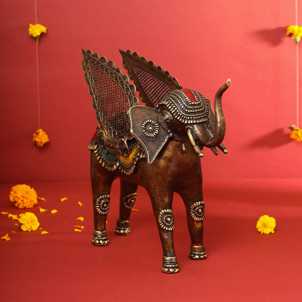 Brass Dhokra Elephant With Wings Statue (12.5 Inch)