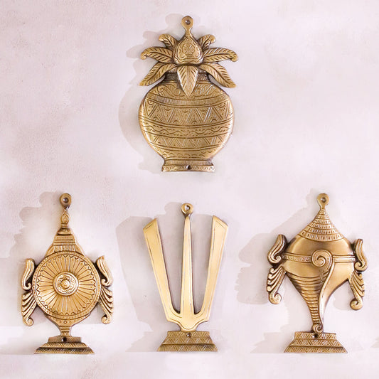 Brass Shankh Chakra Namah Garuda Hanuman And Kalash Wall Hanging Set