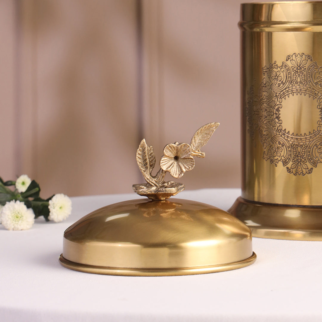 Brass Embossed Design Jar with leaf knob on lid, Brass Decorative Storage Box