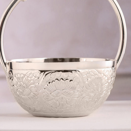 Silver-Plated Brass Decorative Floral Basket with Pink Stone Handle (8 Inch)