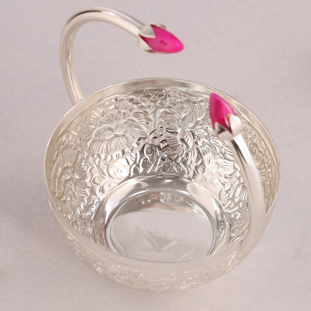 Silver-Plated Brass Decorative Floral Basket with Pink Stone Handle (8 Inch)