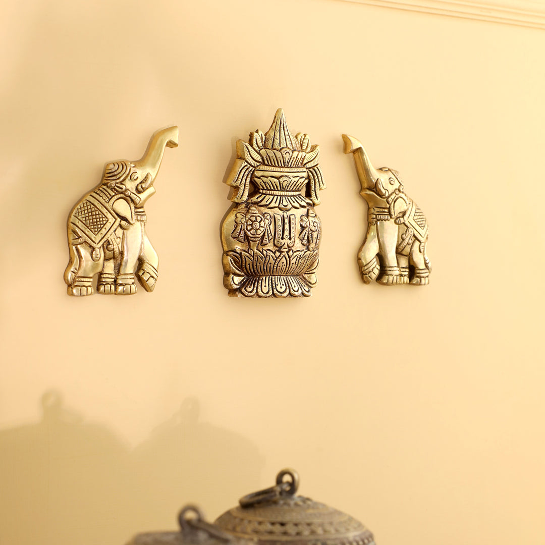 Brass Mangal Kalash with Gaja / Elephants Wall Hanging Set (5.5 Inch)