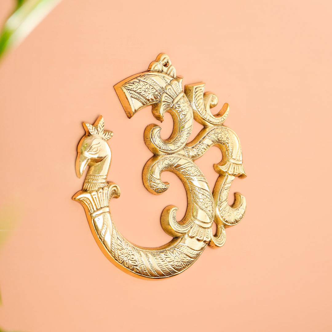 Brass Om with Peacock Wall Hanging (8.2 Inch)