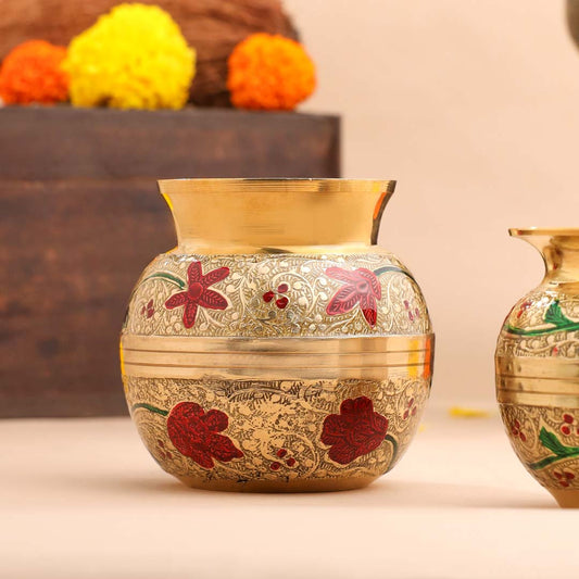Brass Paint Pooja Kalash with Floral Design