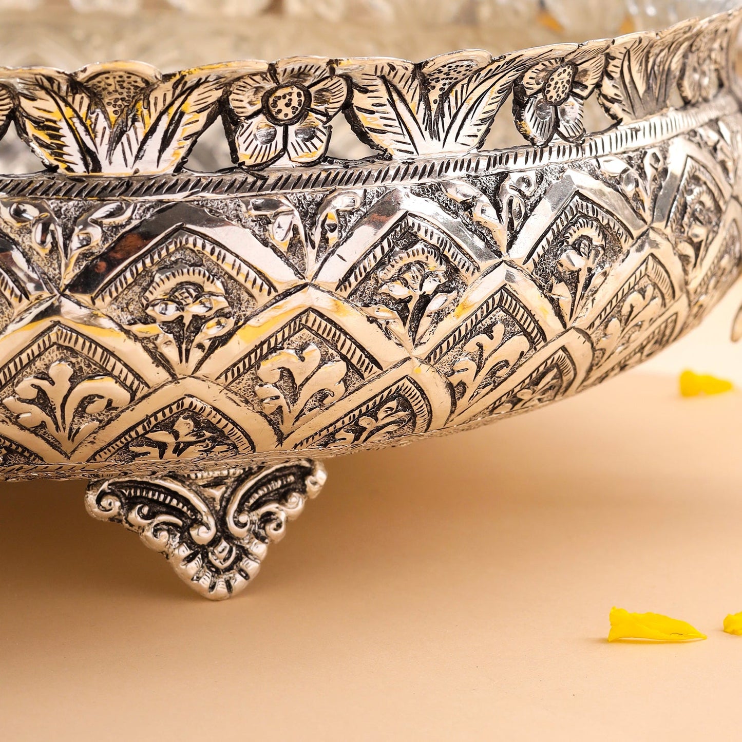 Silver-Plated Brass Peacock Urli Bowl With Floral Design (3.5 Inch)