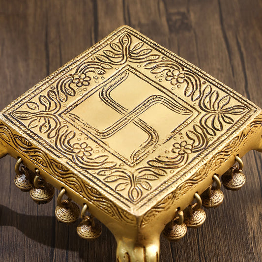 Brass Swastik Chowki With Bells (3.5 Inch)