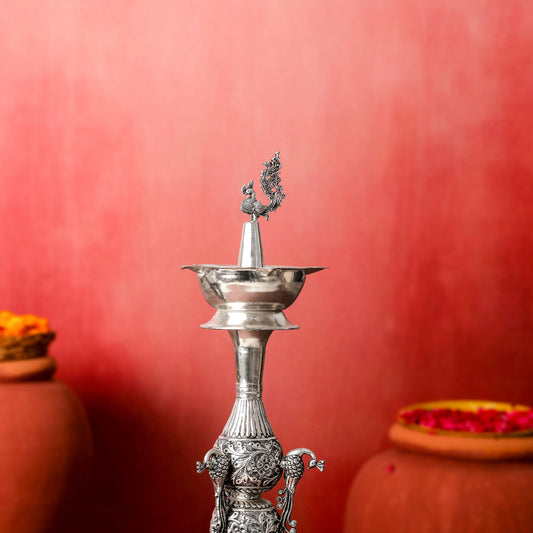 Brass Silver Plated Peacock Design Samai Oil Lamp (32.5 Inch)