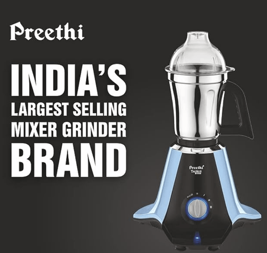 ப்ரீத்தி டாரஸ் ஸ்டார் எம்ஜி-260 மிக்சர் கிரைண்டர், 1000 வாட், நீலம்/கருப்பு, 4 ஜாடிகள் - சூப்பர் எக்ஸ்ட்ராக்டர் ஜூசர் ஜாடி, 2 வருட தயாரிப்பு உத்தரவாதம் & வாழ்நாள் முழுவதும் இலவச சேவை (பிளாஸ்டிக்)