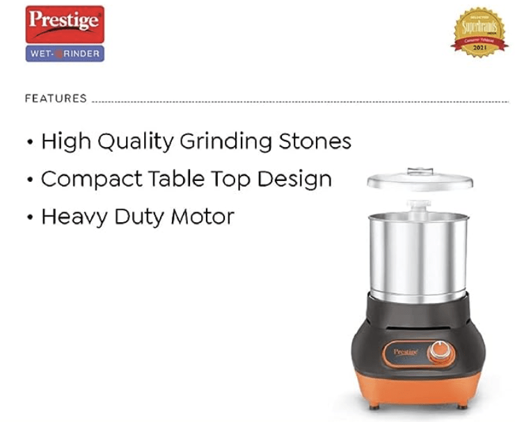 प्रेस्टीज वर्टिकल PVG वेट ग्राइंडर स्टेनलेस स्टील ड्रम के साथ (1.5 लीटर)