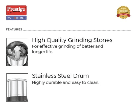 प्रेस्टीज वर्टिकल PVG वेट ग्राइंडर स्टेनलेस स्टील ड्रम के साथ (1.5 लीटर)