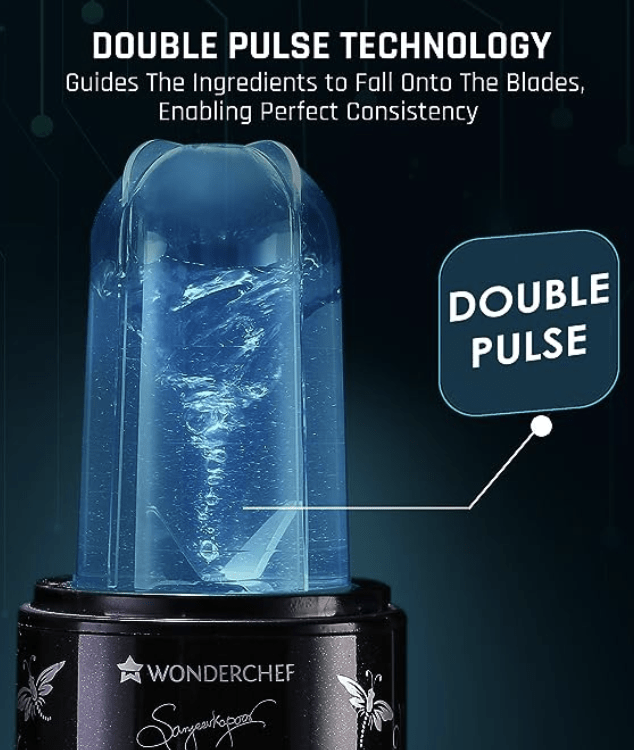 Wonderchef Nutri Blend Smart Automatic Mixer Grinder with Dual Pulse Function| 22000 RPM| 100% Full Copper Motor| 2 Unbreakable Jars| 500 Watt| 2 Years Warranty| Recipe book by Chef Sanjeev Kapoor| Black