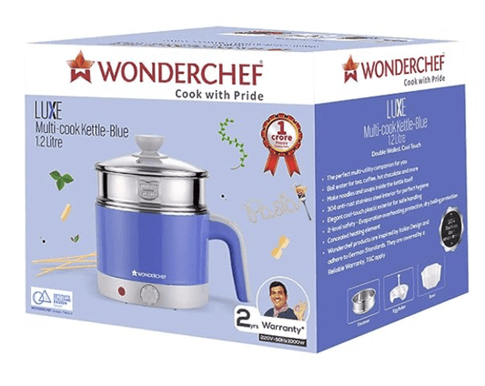 LUXE Multicook Stainless Steel 1.2 L Electric Kettle, 1000W, Blue with egg boiler attachment