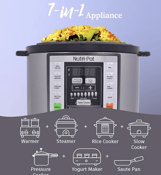 Wonderchef Nutri-Pot Electric Pressure Cooker with 7-in-1 Functions| One touch cooking | 18 pre-set functions| Pressure Cooking, Sauté/Pan Frying, Slow Cooking, Yogurt Making, Steaming, Warming & Rice Cooking | 6L capacity