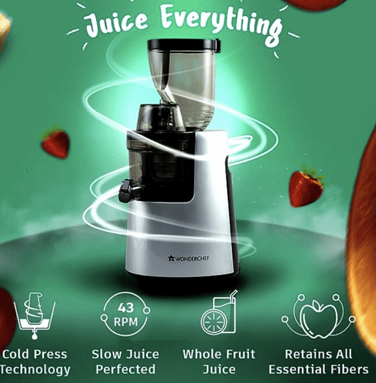Wonderchef V6 Cold Press Juicer | 200W powerful motor | 43 RPM Slow Juicer | Full Fruit Juicer to retain enzymes | 5 Years Warranty | Black & Silver