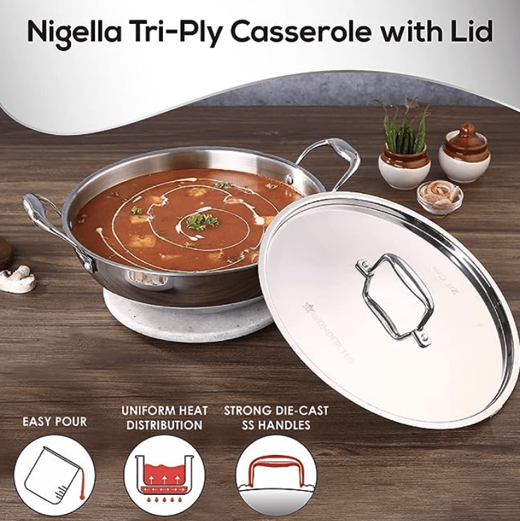 Wonderchef Nigella Tri-ply Stainless Steel 24 cm Kadhai with Lid, 2.2 Litres, 2.6mm Thickness, Kadai with Induction base | Compatible with all cooktops | Riveted Cool-Touch Handle | 10 Year Warranty