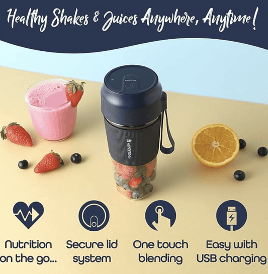 Wonderchef Nutri-Cup Portable Blender | USB Charging | Smoothie Maker | SS Blades | Battery Operated Rechargeable Blender | 300ml | Compact Size | Blue in Built jar