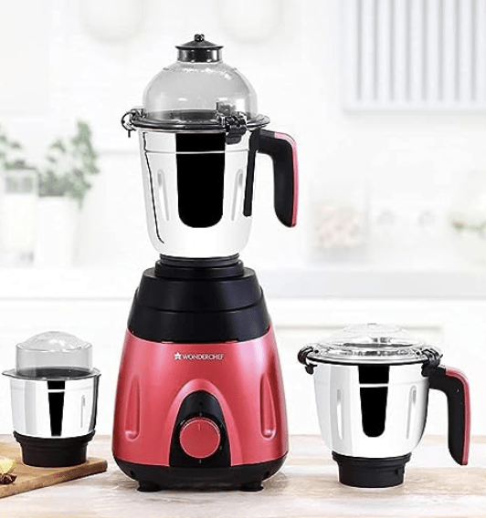 Wonderchef Vietri 750W Mixer Grinder | 3 leak-proof stainless steel Jars with secure lids | Powerful 750W motor | 3-Speed & Pulse Function | Anti Skid Feets | 5 years warranty on motor | Black & Red