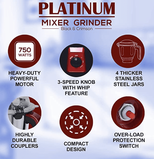 Wonderchef Platinum 750W Mixer Grinder | 4 Stainless Steel Jars with Fruit Filter Jar | Powerful 750W motor | 3-Speed & Pulse Function | Anti Skid Feets | 5 years warranty on motor | Black & Red