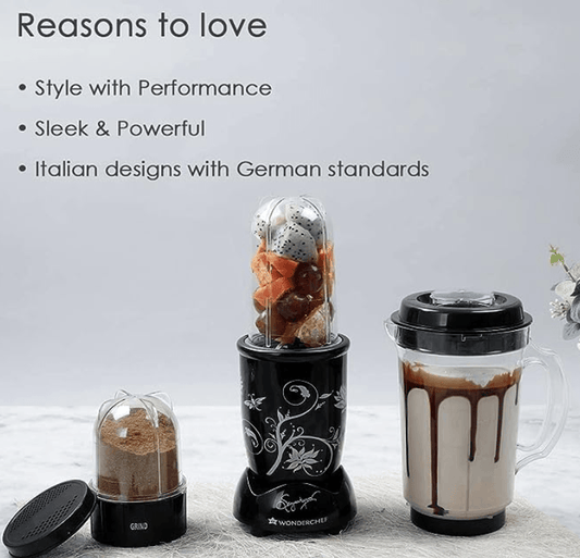 Wonderchef Nutri-blend Juicer, Mixer, Grinder, Blender & Smoothie Maker | 22000 RPM, 400W 100% Full Copper Motor | Stainless steel Blades | 3 unbreakable jars | 2 Years warranty | Recipe book by Chef Sanjeev Kapoor | Black