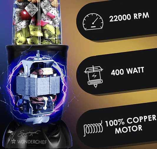 Wonderchef Nutri-blend Mixer, Grinder & Blender | Powerful 400W 22000 RPM motor | Stainless steel Blades | 2 unbreakable jars | 2 Years warranty | Online recipe book by Chef Sanjeev Kapoor | Black
