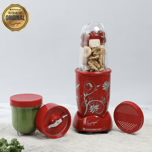 Wonderchef Nutri-blend Mixer, Grinder & Blender | Powerful 400W 22000 RPM 100% Full Copper Motor | Stainless Steel Blades | 2 Unbreakable Jars | 2 Years Warranty | Recipe book by Chef Sanjeev Kapoor | Red