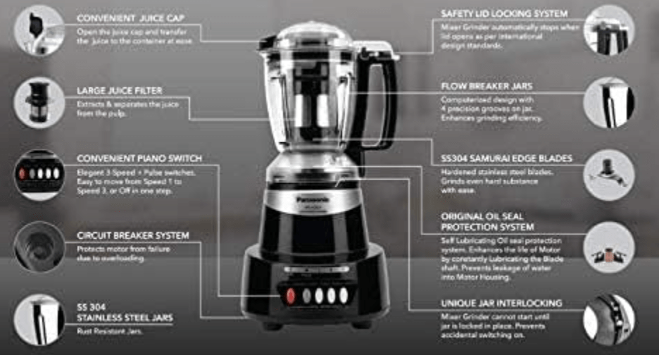 Panasonic MX-AV-425CB 600watt Juicer Mixer Grinder (Charcoal Black)