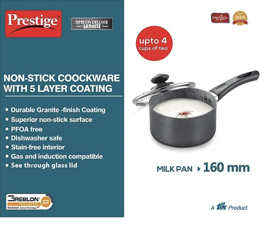 Prestige Omega Deluxe Granite Milk Pan with Lid, 16cm Black