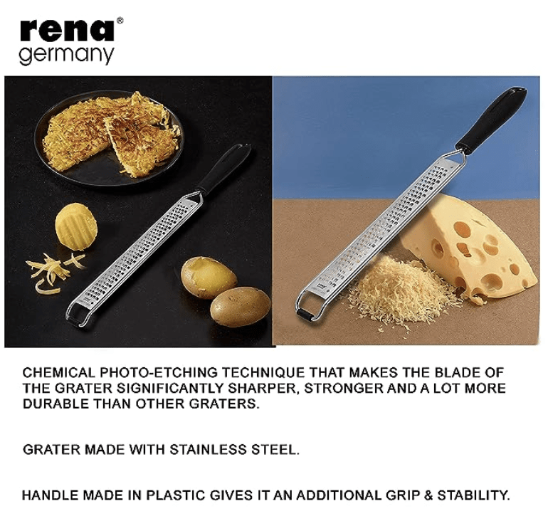 Rena Germany - Premium Etched Ribbon Grater - Razor Sharp - Stainless Steel - Ideal for Cheese/Lemon/Ginger/Garlic/Vegetables/Fruits - Length 20.5 Cm
