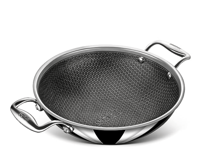 Stahl Triply Non Stick Kadai with Lid | Stainless Steel Kadai with Induction Base | Tri Ply Kadhai Scratch Resistant | Hybrid 6318, Dia 18cm, 1.2L (Serves 2-3 People)