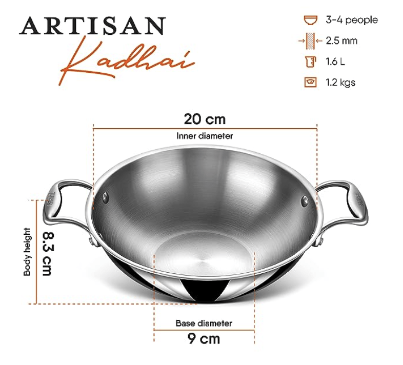 Stahl Triply Stainless Steel Kadai with Lid | Stainless Steel Cookware Tri Ply Kadhai | Gas & Induction Base | Artisan 4320, Dia 20 cm, 1.6 L (Serves 3-4 People)