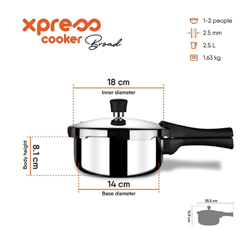 Stahl Triply Stainless Steel Pressure Cooker 2.5 Litre Outer Lid | Broad Pressure Cooker | Triply Cooker With Gas & Induction Base | Safe & Long Lasting Steel Cooker | Xpress Cooker 9242