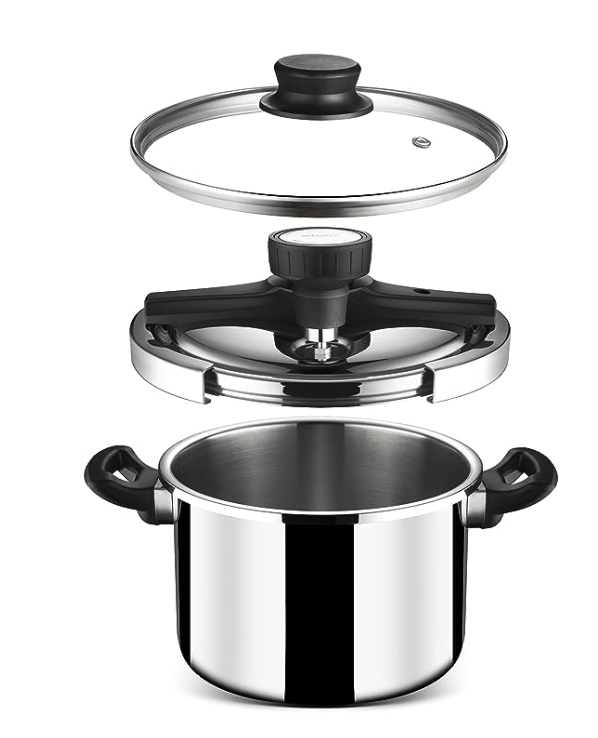 Stahl Triply Stainless Steel Pressure Cooker 5 Litres With Outer Lid | Triply Cooker With Glass & Steel Lid | Steel Cooker with Induction Base | Versatil Cooker 9415