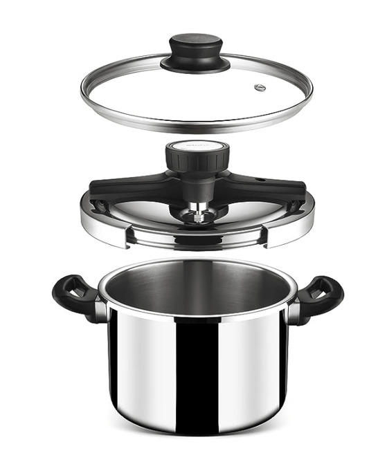 Stahl Triply Stainless Steel Pressure Cooker 5 Litres With Outer Lid | Triply Cooker With Glass & Steel Lid | Steel Cooker with Induction Base | Versatil Cooker 9415