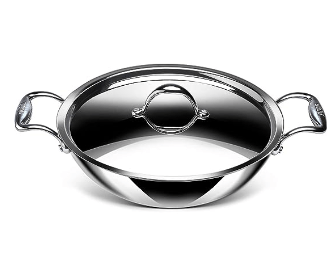 Stahl Triply Stainless Steel Artisan Kadhai with Lid, 4324, 24cm, 2.4 Liters