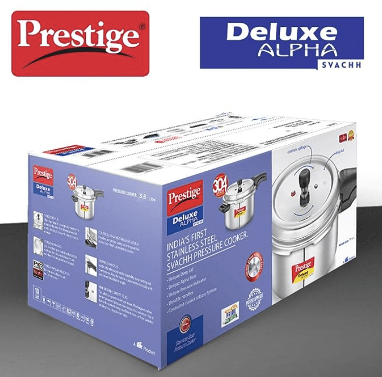 Prestige Svachh Deluxe Alpha Induction Base Outer Lid Stainless Steel Pressure Cooker | Deep Lid controls spillage | 3.5 Litres | Silver | Pressure Indicator | Straight Wall | Gasket-Release System