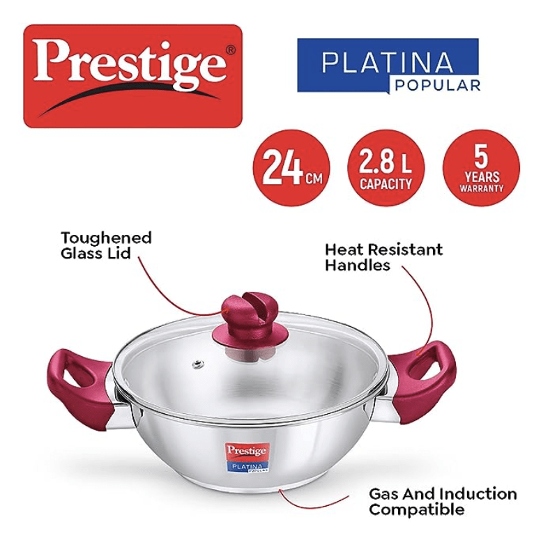Prestige Stainless Steel Platina Popular Gas Compatible Fry Pan, 24 Cm (2.25 L) + Platina Popular Kadai with Glass Lid, 24 Cm (2.8 L) Kitchen Set
