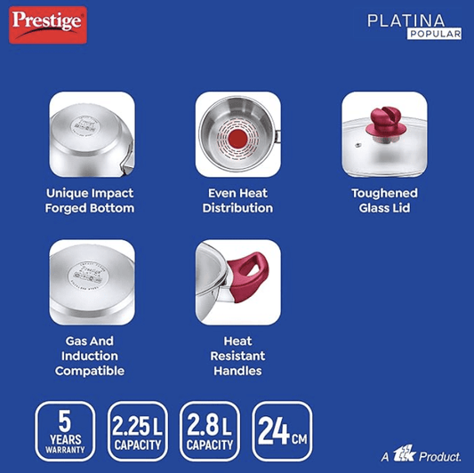 Prestige Stainless Steel Platina Popular Gas Compatible Fry Pan, 24 Cm (2.25 L) + Platina Popular Kadai with Glass Lid, 24 Cm (2.8 L) Kitchen Set