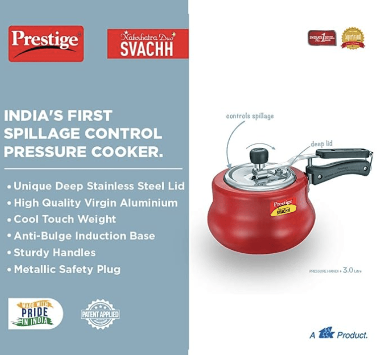 Prestige Svachh, 10752, 3 L, Nakshatra Duo Red Handi, with Deep Lid for Spillage Control, Aluminium, Inner Lid