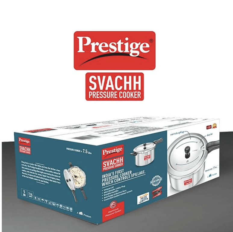 Prestige Svachh Aluminium pressure cooker, 7.5 L - Deep Lid for Spillage control
