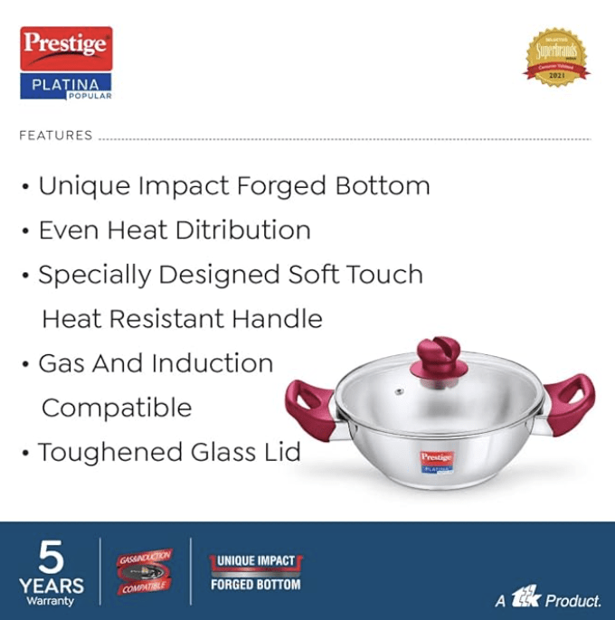 Prestige Platina Popular Stainless Steel Gas and Induction Compatible Kadhai with Glass Lid, 24 cm, Silver