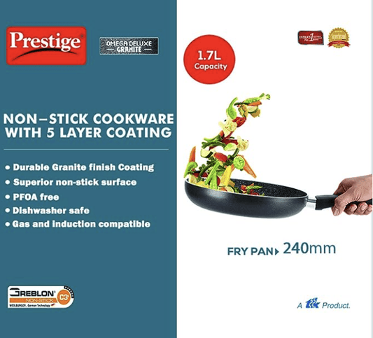 Prestige Omega Deluxe 24cm Granite Fry Pan with Glass lid|Gas & Induction Compatible | 5 Layers Non-Stick Cookware | Dishwasher Compatible