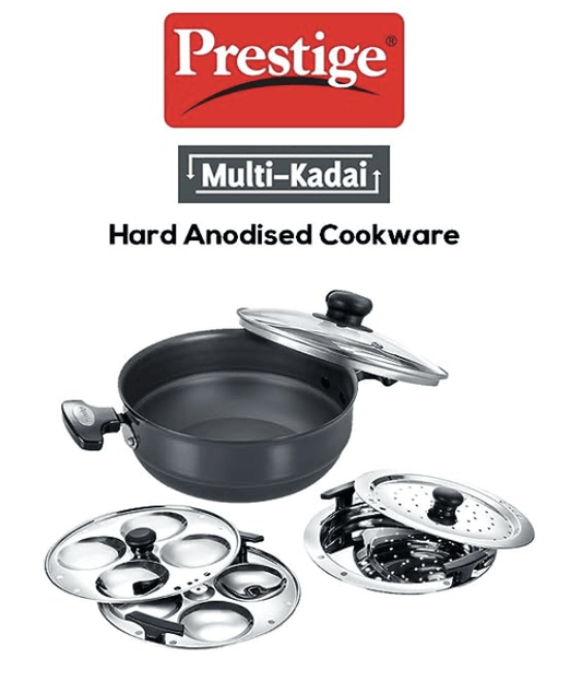 Prestige Aluminium Multi-Kadhai 22 cm, Black & Silver
