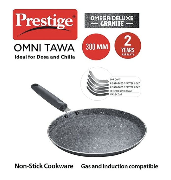 Prestige Omega Deluxe Granite Dosa Tawa | Black | 30cm | Non-Stick | Induction Base | Dishwasher Safe | 2-Layer Metallic Finish | Metal Spoon Friendly