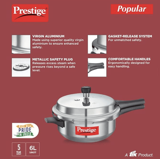 Prestige Popular Virgin Aluminium Senior Deep Pan Pressure Cooker, 6 L (Silver)