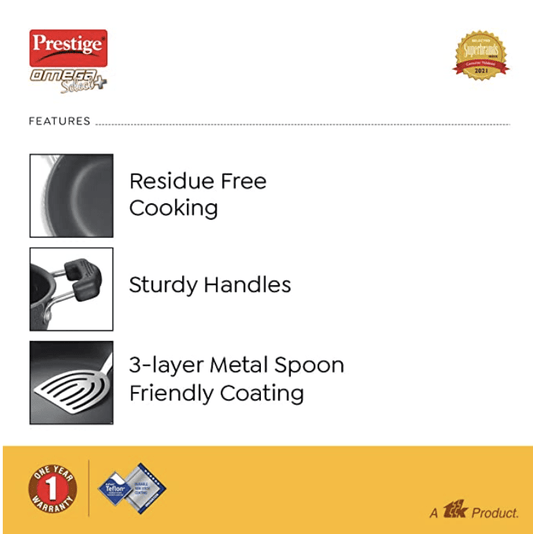 Prestige Omega Select Plus Aluminium Flat Base Non-Stick Coating Kadai with SS Lid, (Black)
